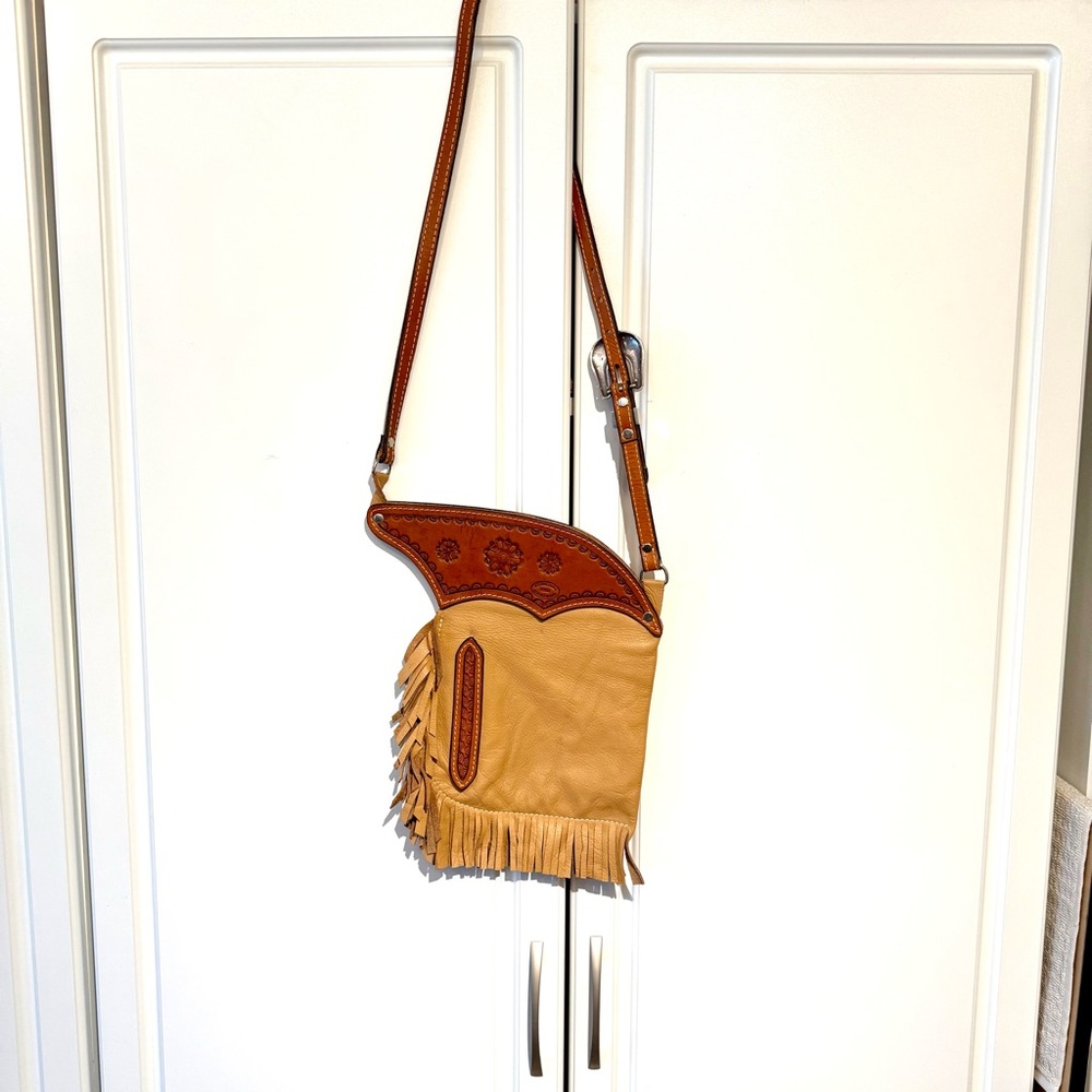 Rocking Bar L Texas Leather Works Brown & Tan Leather Fringe Shoulder Bag - Picture 12 of 13